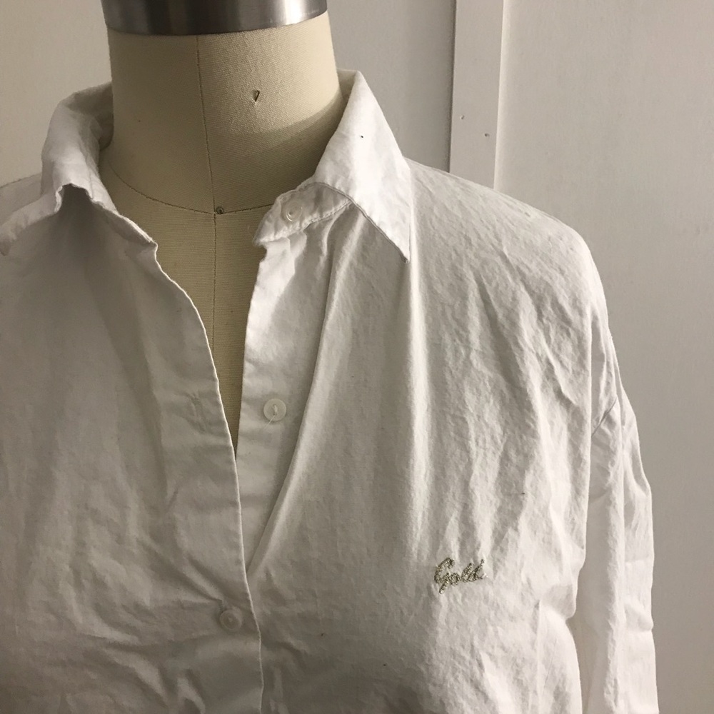 White Button Up Shirt with Gold Text Embroidery